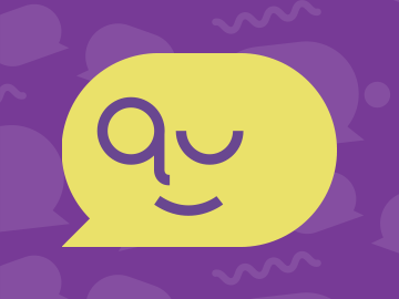 Clique para ser redirecionado à página Quem Somos. A Imagem decorativa possui fundo roxo escuro com figuras de balões de fala. No centro, um rosto está desenhado dentro de um balão de fala na cor amarela.