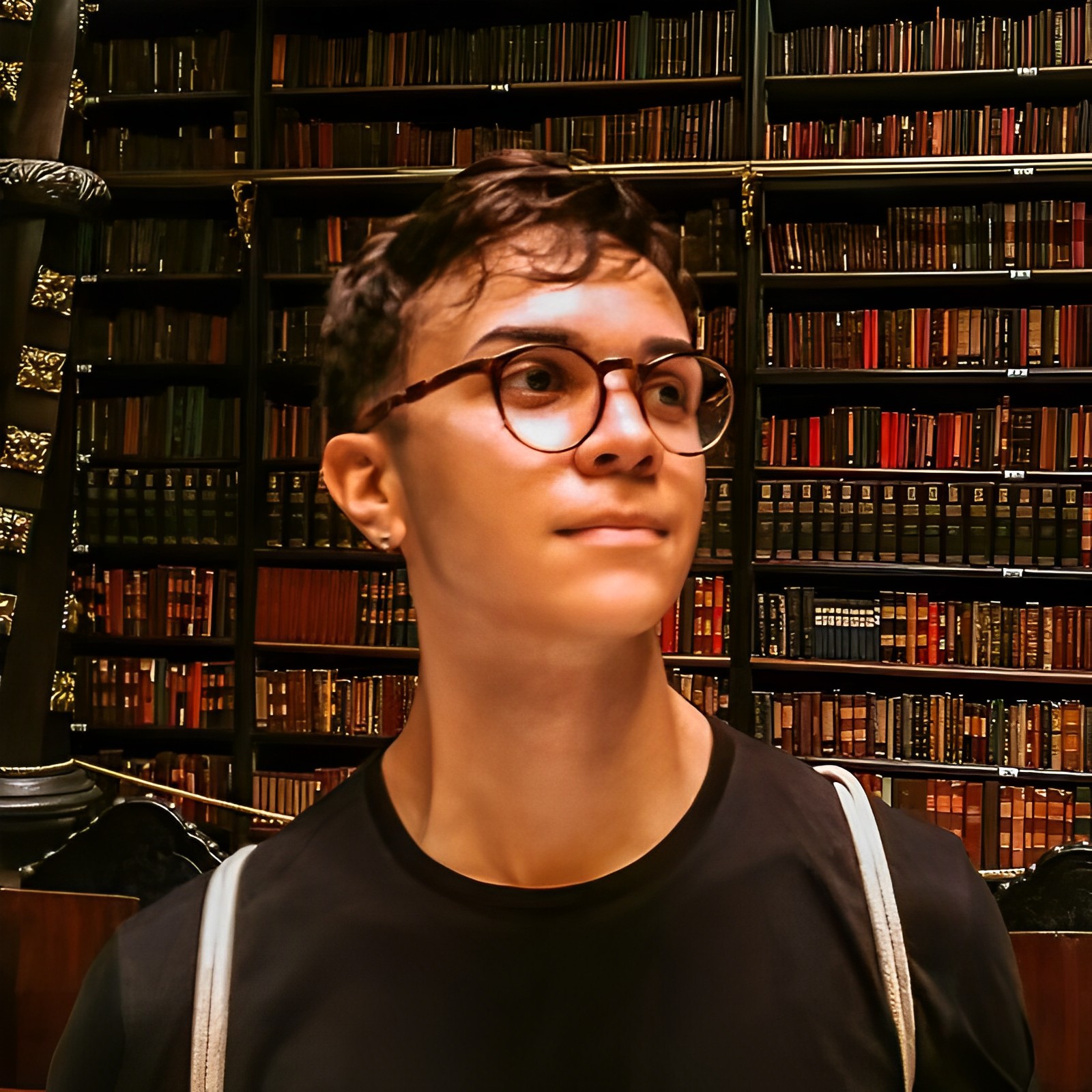 Fotografia frontal do busto de João Victor, jovem branco de cerca de 20 anos. Cabelo curto castanho escuro, óculos de armação preta. Fundo de biblioteca clássica com estantes de livros em tons vermelho, marrom e marsala, móveis vintage.