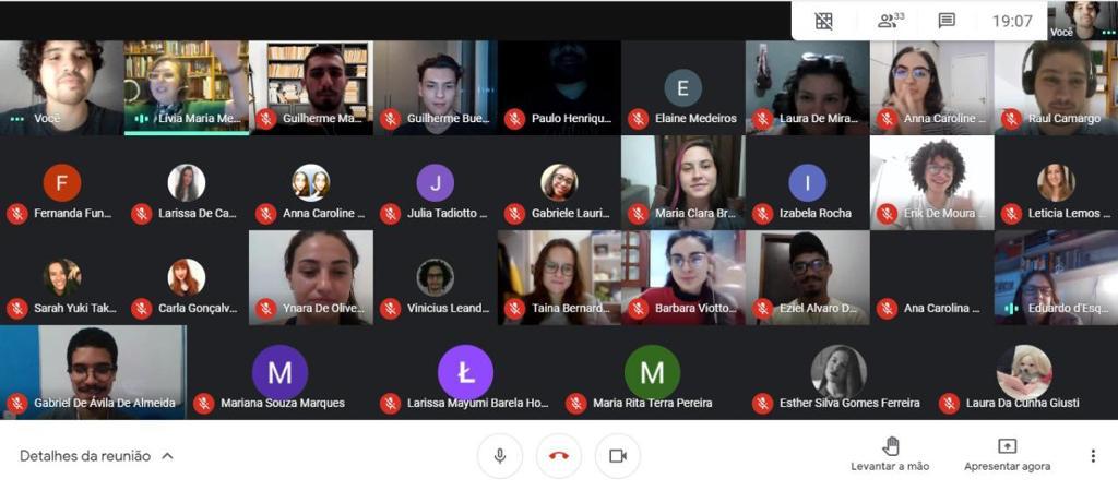 Captura de tela obtida pelo site google meet. Na chamada estão 33 pessoas que aparecem em telas.