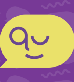 A Imagem decorativa possui fundo roxo escuro com figuras de balões de fala. No centro, um rosto está desenhado dentro de um balão de fala na cor amarela.